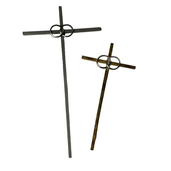 Two Metal Crucifix Religious Crosses vintage Stainless Steel Gold Silver Tone - Picture 1 of 6